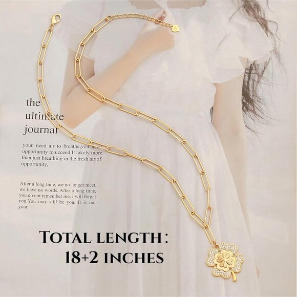 Lucky Clover Pendant Necklace in 18K Gold with Adjustable Length & Zirconia - Picture 7 of 7